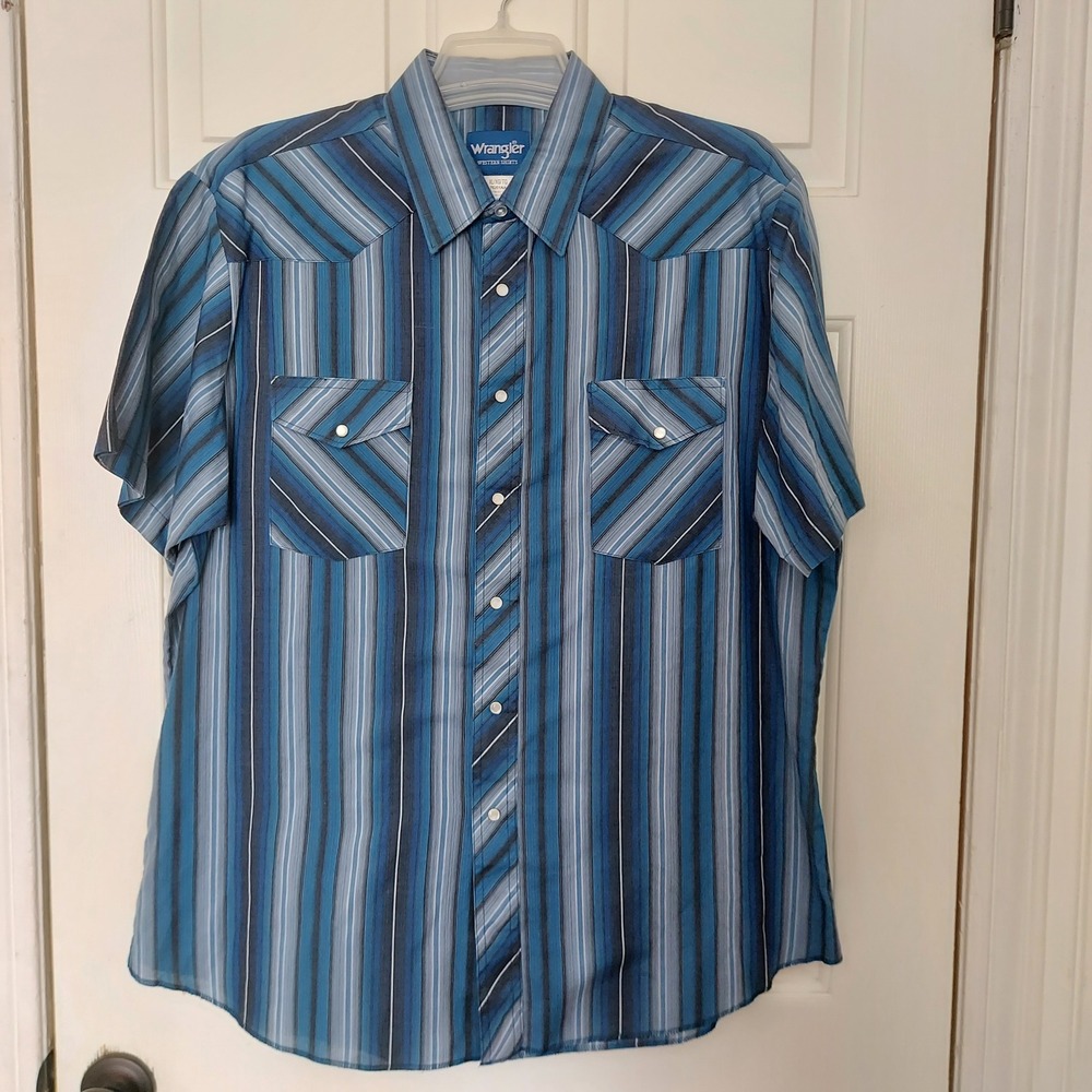 Wrangler Mens Blue Striped Short Sleeve Western Pearl Snap Shirt XL 76201AA